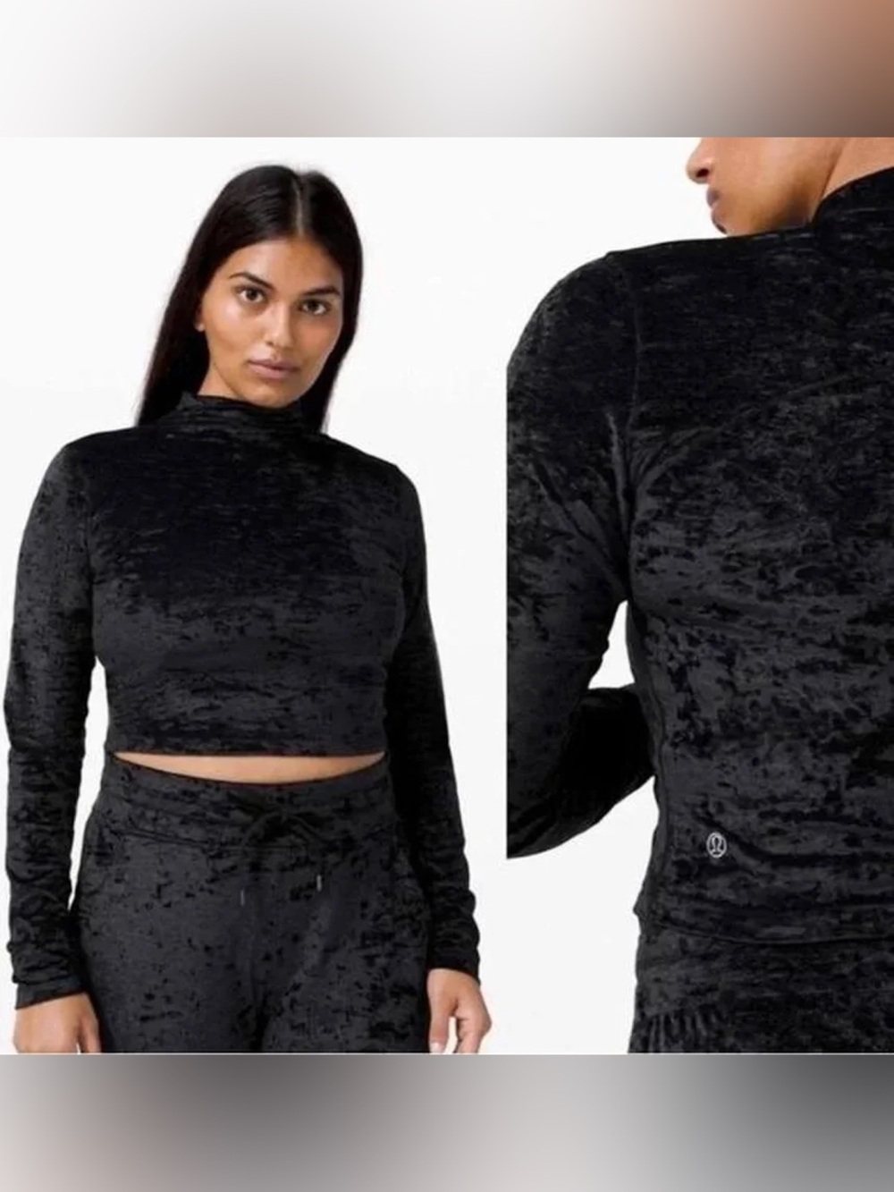 Lululemon 10 Black Velvet Long-Sleeve Crop Top